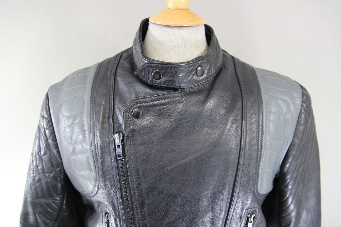 VINTAGE 1970's/1980's NICE BLACK & GREY COWHIDE LEATHER BIKER JACKET 40-42 INCH