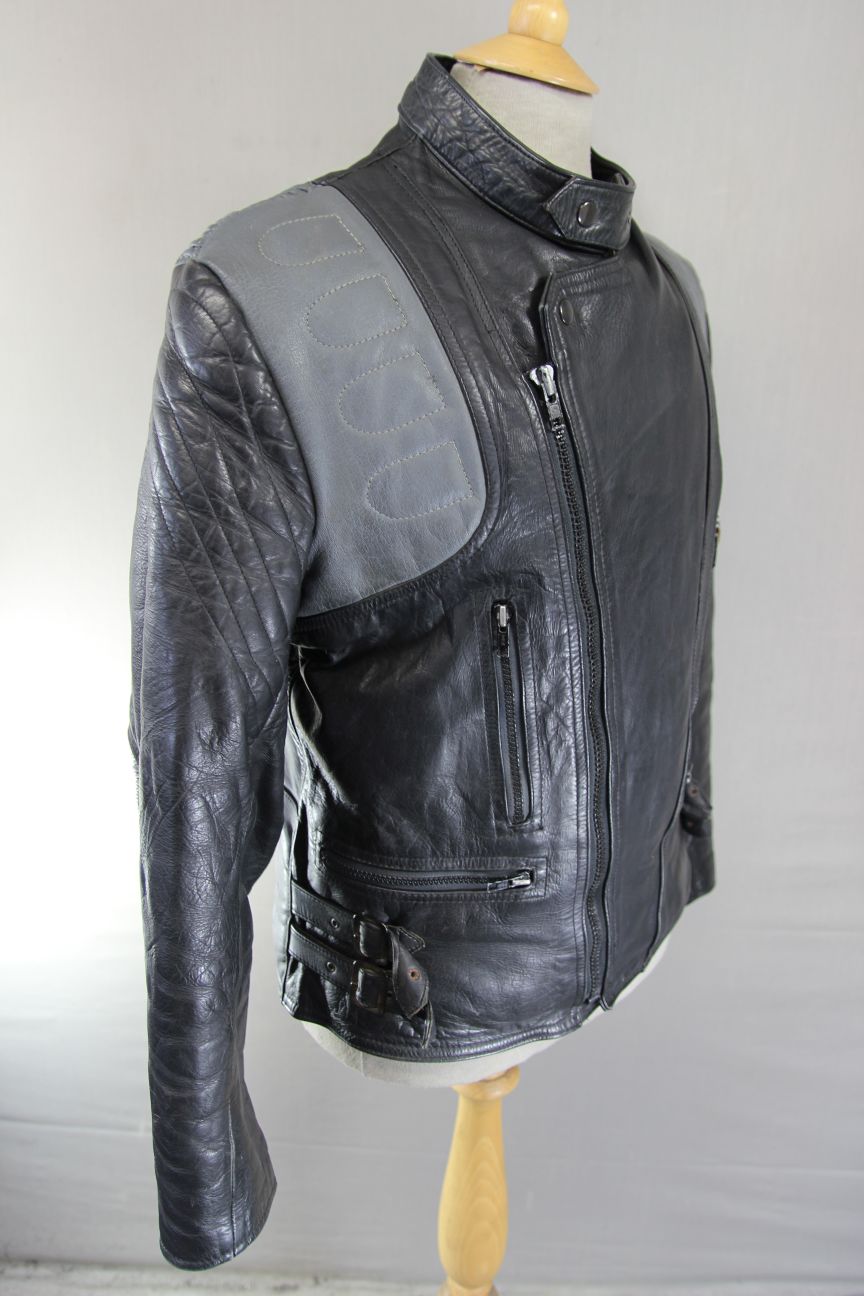 VINTAGE 1970's/1980's NICE BLACK & GREY COWHIDE LEATHER BIKER JACKET 40-42 INCH