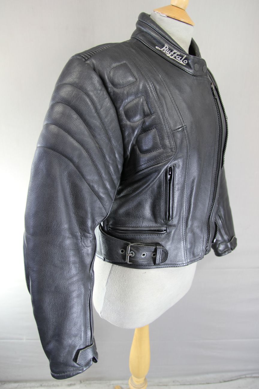 BUFFALO BLACK LEATHER BIKER JACKET 34-36 INCH CHEST/SIZE 12