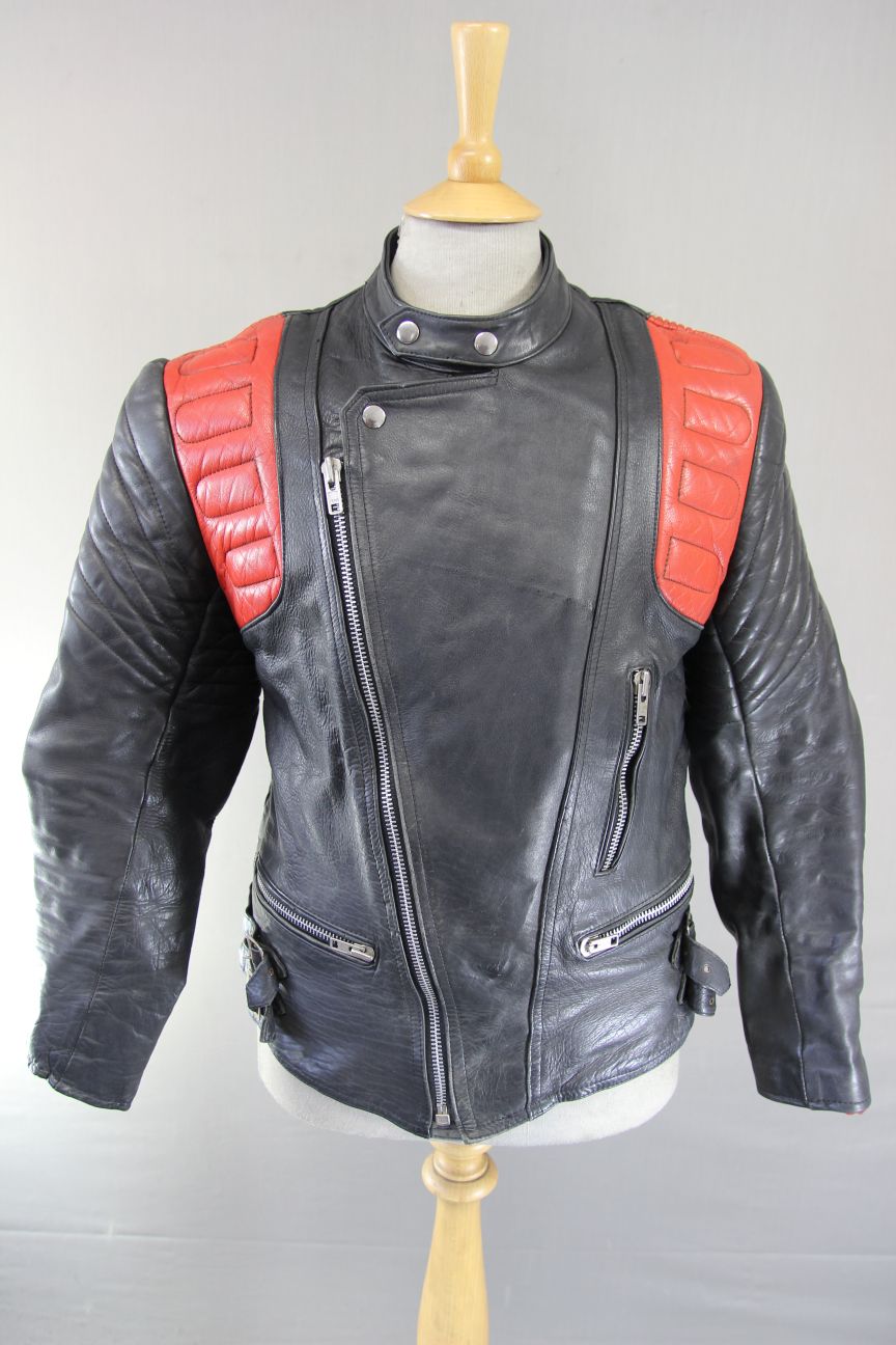 CLASSIC VINTAGE BLACK & RED COWHIDE LEATHER RED LINED BIKER JACKET 40 INCH