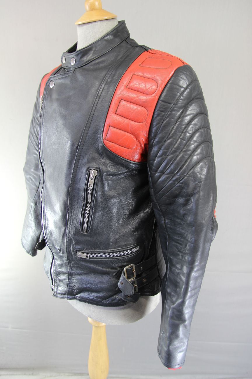 CLASSIC VINTAGE BLACK & RED COWHIDE LEATHER RED LINED BIKER JACKET 40 INCH