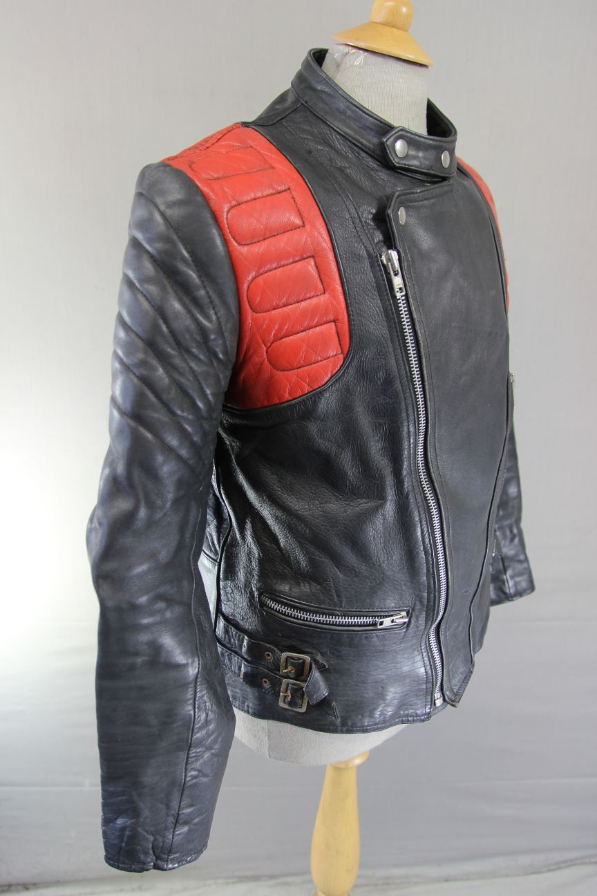 CLASSIC VINTAGE BLACK & RED COWHIDE LEATHER RED LINED BIKER JACKET 40 INCH