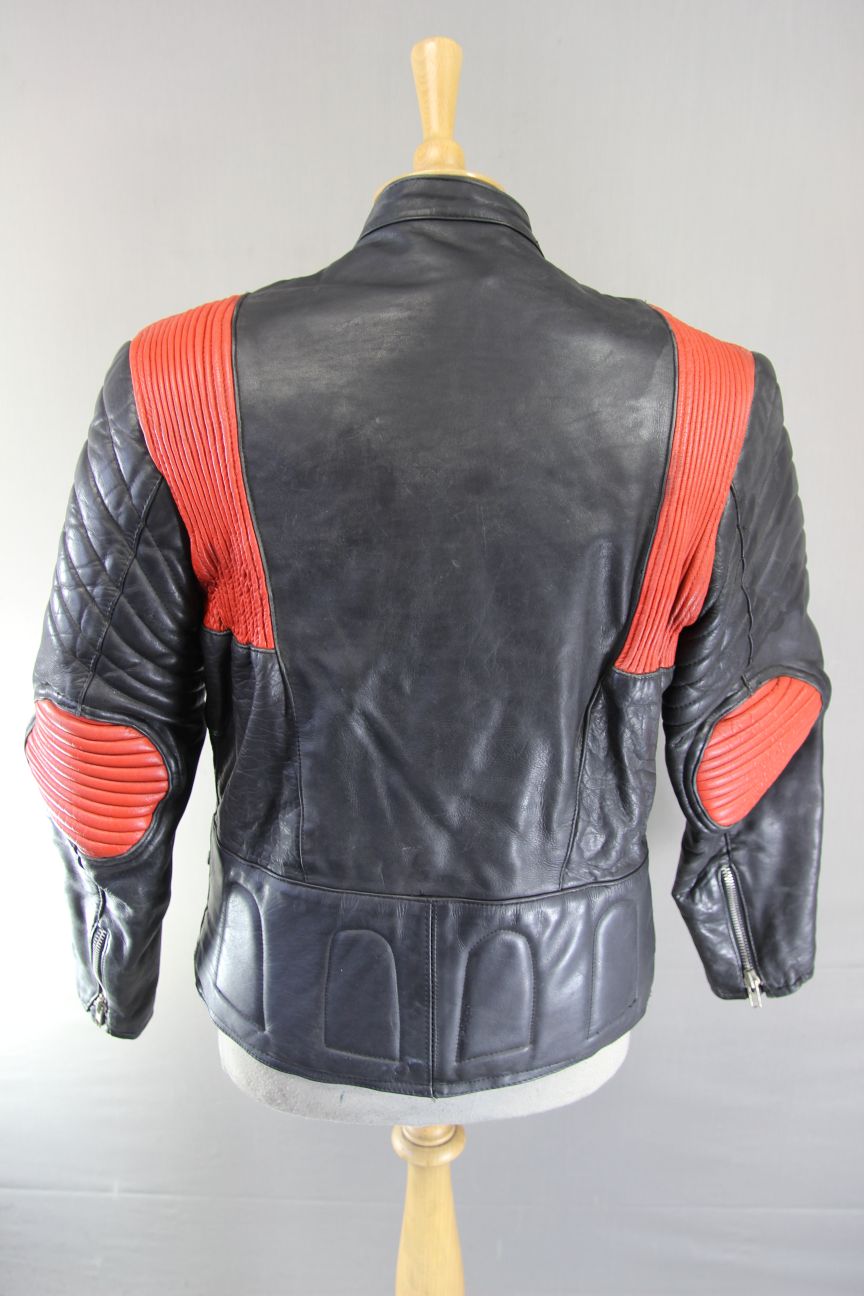 CLASSIC VINTAGE BLACK & RED COWHIDE LEATHER RED LINED BIKER JACKET 40 INCH