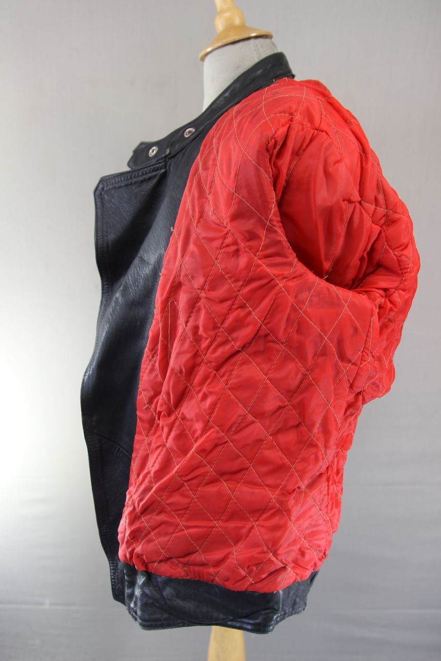CLASSIC VINTAGE BLACK & RED COWHIDE LEATHER RED LINED BIKER JACKET 40 INCH