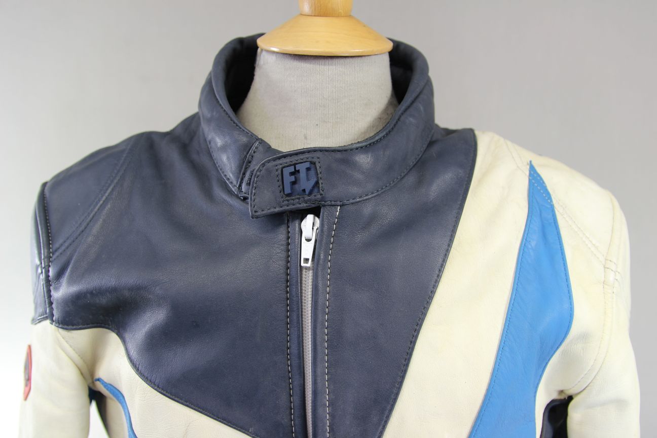 FRANK THOMAS WHITE, DARK BLUE & LIGHT BLUE LEATHER ARMASPORT BIKER JACKET 44 IN