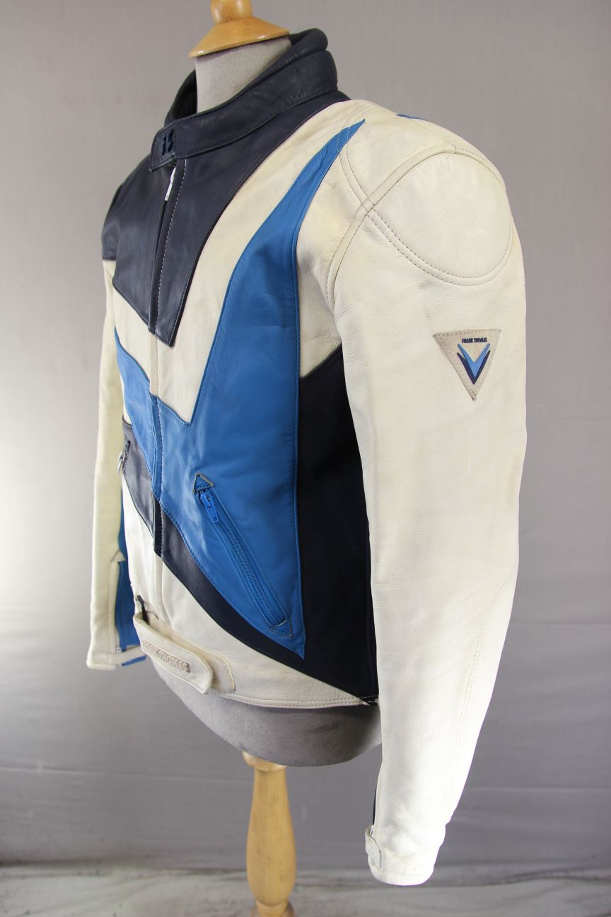 FRANK THOMAS WHITE, DARK BLUE & LIGHT BLUE LEATHER ARMASPORT BIKER JACKET 44 IN