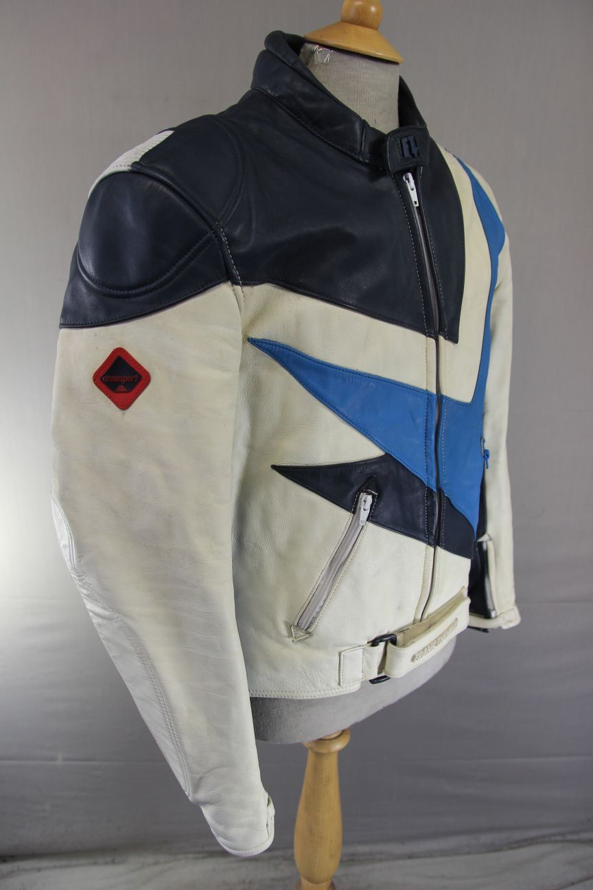 FRANK THOMAS WHITE, DARK BLUE & LIGHT BLUE LEATHER ARMASPORT BIKER JACKET 44 IN
