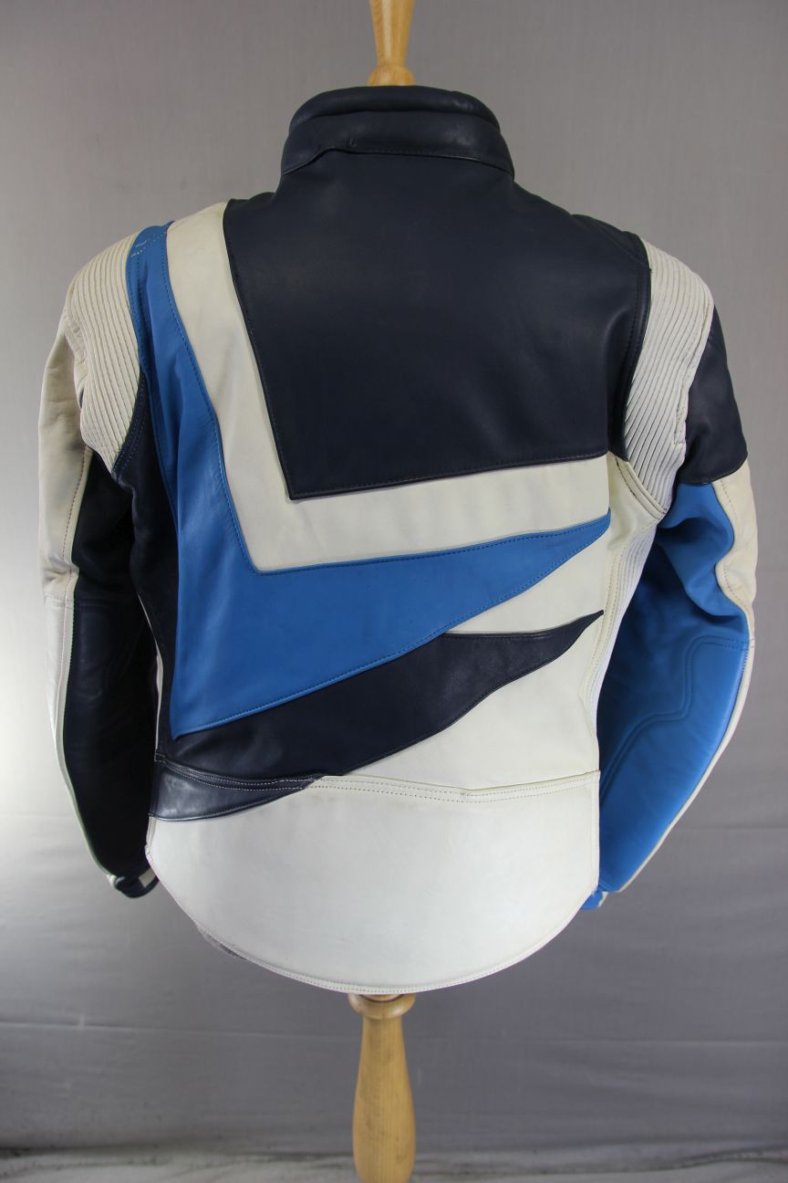 FRANK THOMAS WHITE, DARK BLUE & LIGHT BLUE LEATHER ARMASPORT BIKER JACKET 44 IN