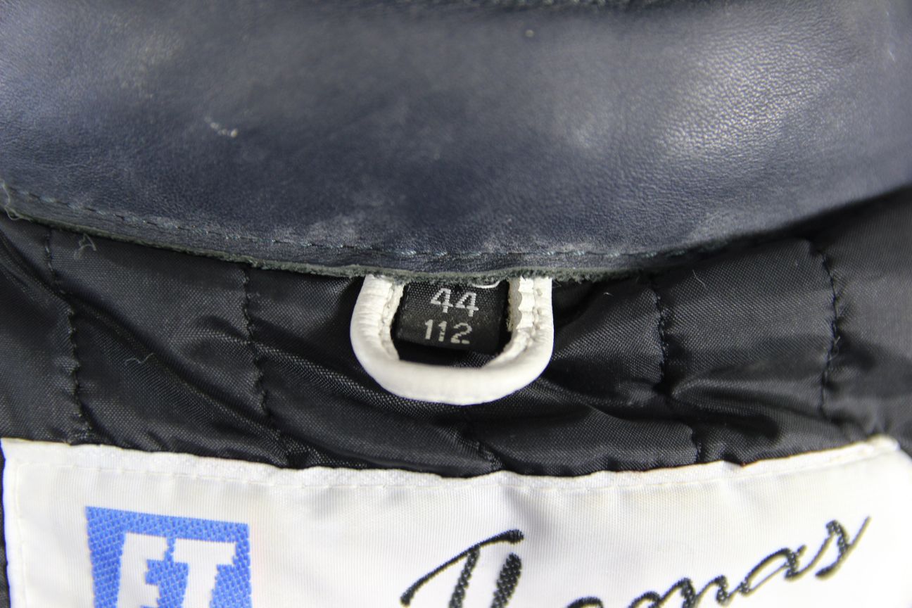FRANK THOMAS WHITE, DARK BLUE & LIGHT BLUE LEATHER ARMASPORT BIKER JACKET 44 IN