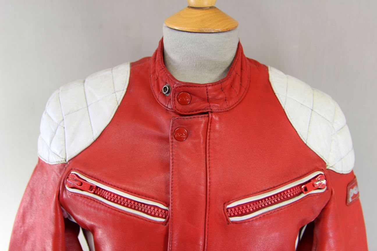 VINTAGE POLO RED & WHITE LEATHER BIKER JACKET 34-36 INCH CHEST