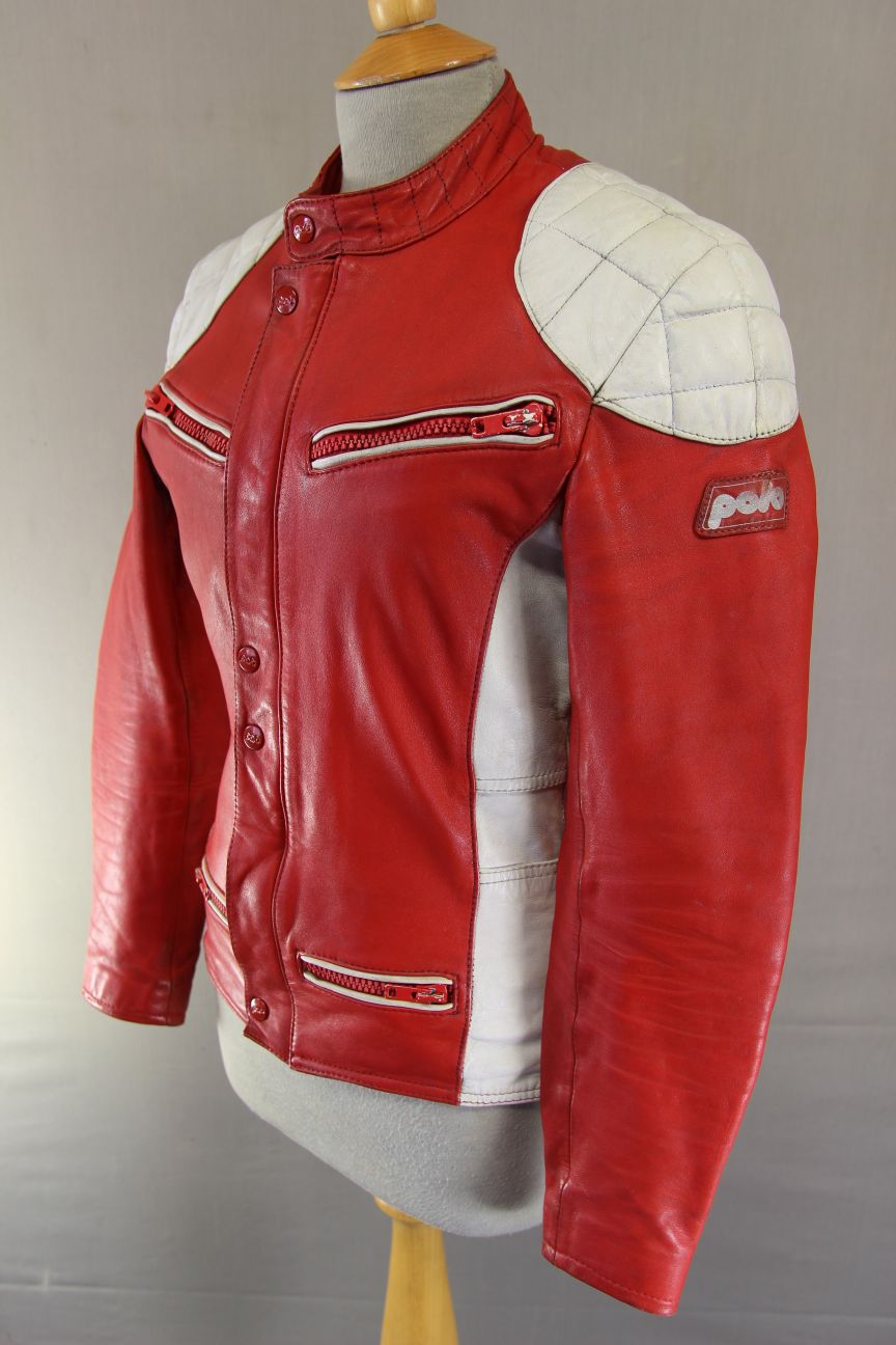 VINTAGE POLO RED & WHITE LEATHER BIKER JACKET 34-36 INCH CHEST