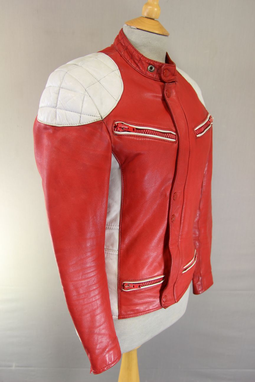 VINTAGE POLO RED & WHITE LEATHER BIKER JACKET 34-36 INCH CHEST