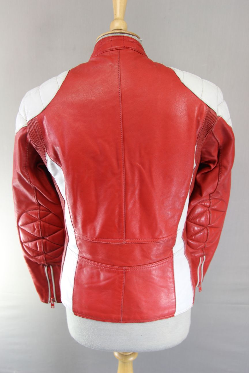 VINTAGE POLO RED & WHITE LEATHER BIKER JACKET 34-36 INCH CHEST