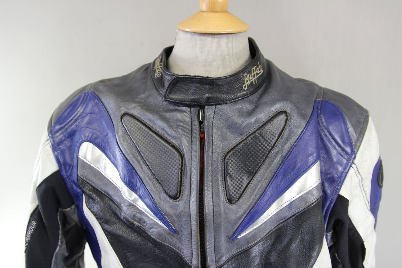 BUFFALO BLACK, BLUE, SILVER & WHITE LEATHER BIKER JACKET WITH CE ARMOUR 44 INCH