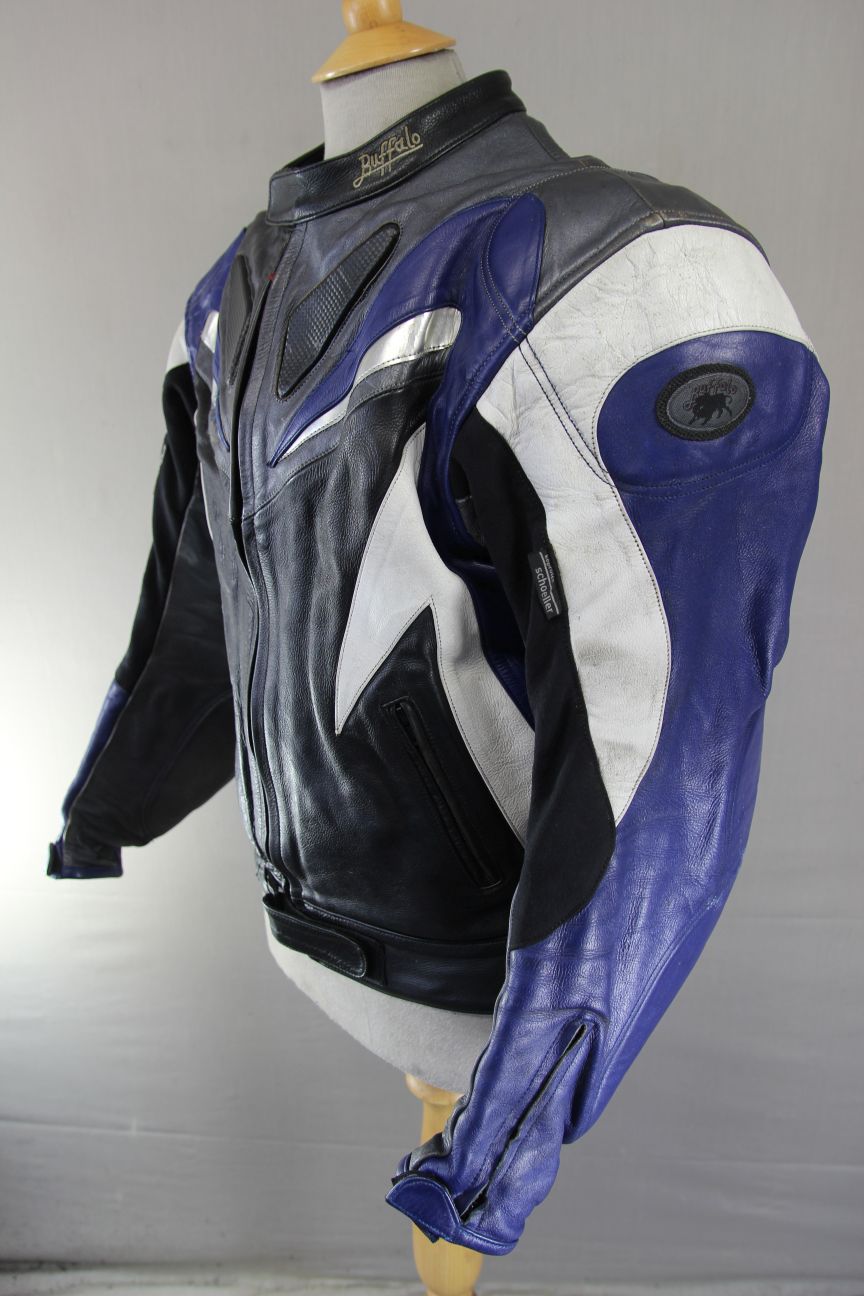 BUFFALO BLACK, BLUE, SILVER & WHITE LEATHER BIKER JACKET WITH CE ARMOUR 44 INCH