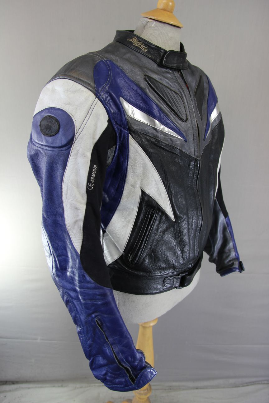 BUFFALO BLACK, BLUE, SILVER & WHITE LEATHER BIKER JACKET WITH CE ARMOUR 44 INCH