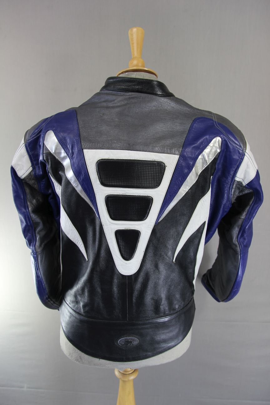 BUFFALO BLACK, BLUE, SILVER & WHITE LEATHER BIKER JACKET WITH CE ARMOUR 44 INCH