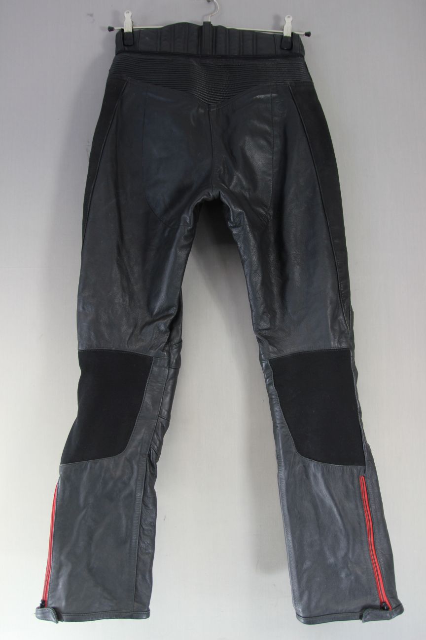 HEIN GERICKE BLACK LEATHER BIKER TROUSERS + CE ARMOUR: SIZE 8 WAIST 28"/LEG 33"