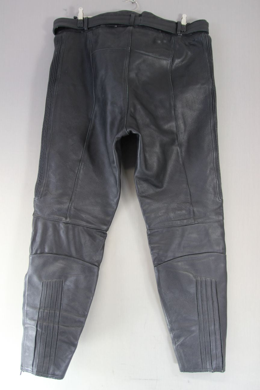 TARGA BLACK LEATHER BIKER TROUSERS WITH BELT WAIST 42 INCH/INSIDE LEG 34 INCH