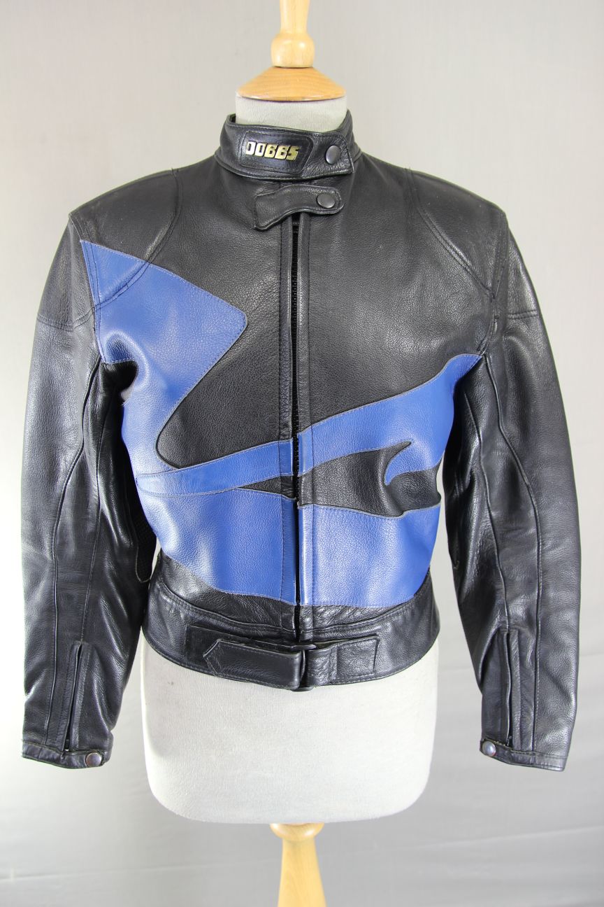 VINTAGE DOBBS LADIES BLACK & BLUE LEATHER BIKER JACKET 34-36 INCH CHEST/SIZE 12