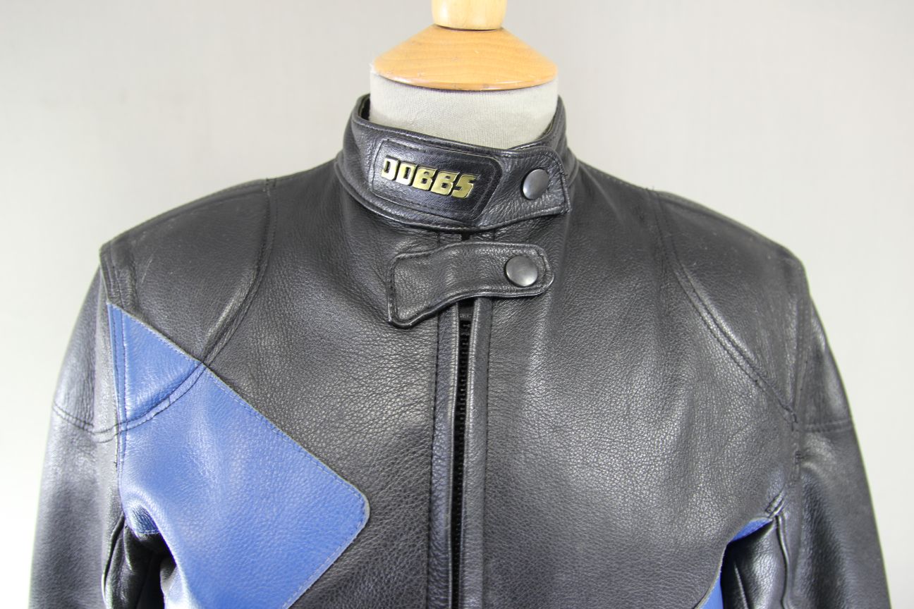 VINTAGE DOBBS LADIES BLACK & BLUE LEATHER BIKER JACKET 34-36 INCH CHEST/SIZE 12