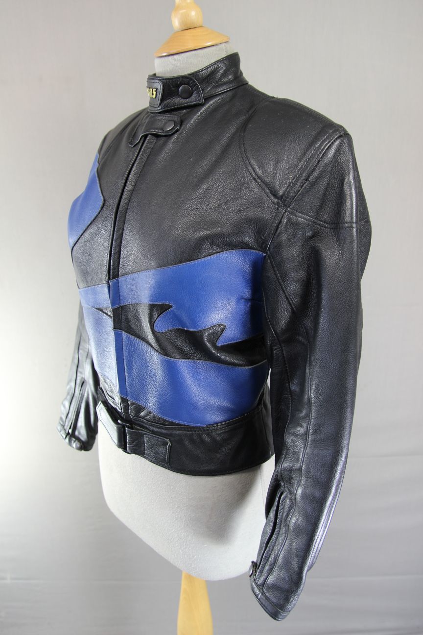 VINTAGE DOBBS LADIES BLACK & BLUE LEATHER BIKER JACKET 34-36 INCH CHEST/SIZE 12