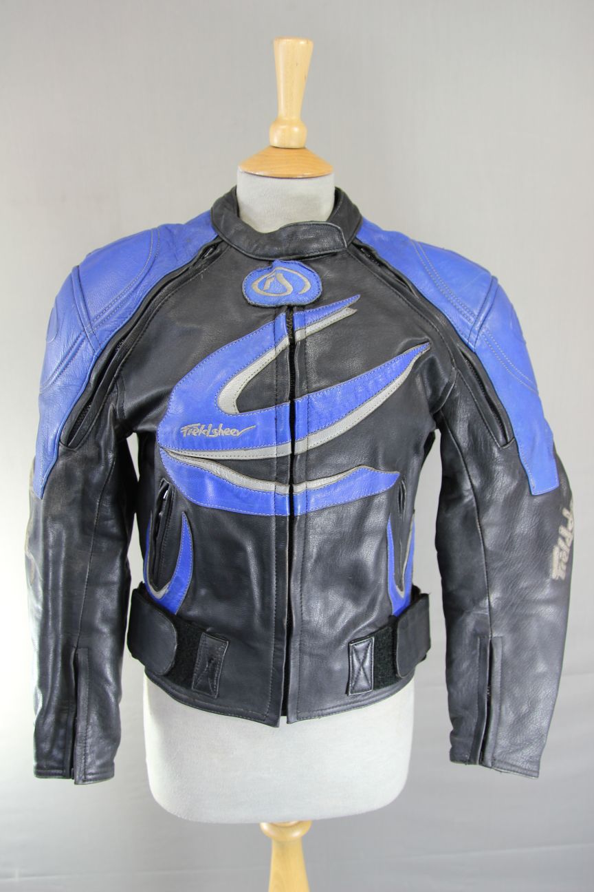 FIELDSHEER BLACK, BLUE & SILVER LEATHER BIKER JACKET WITH PROTECTORS: SIZE 10