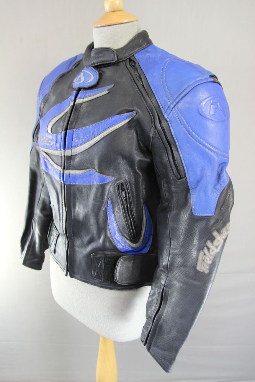 FIELDSHEER BLACK, BLUE & SILVER LEATHER BIKER JACKET WITH PROTECTORS: SIZE 10