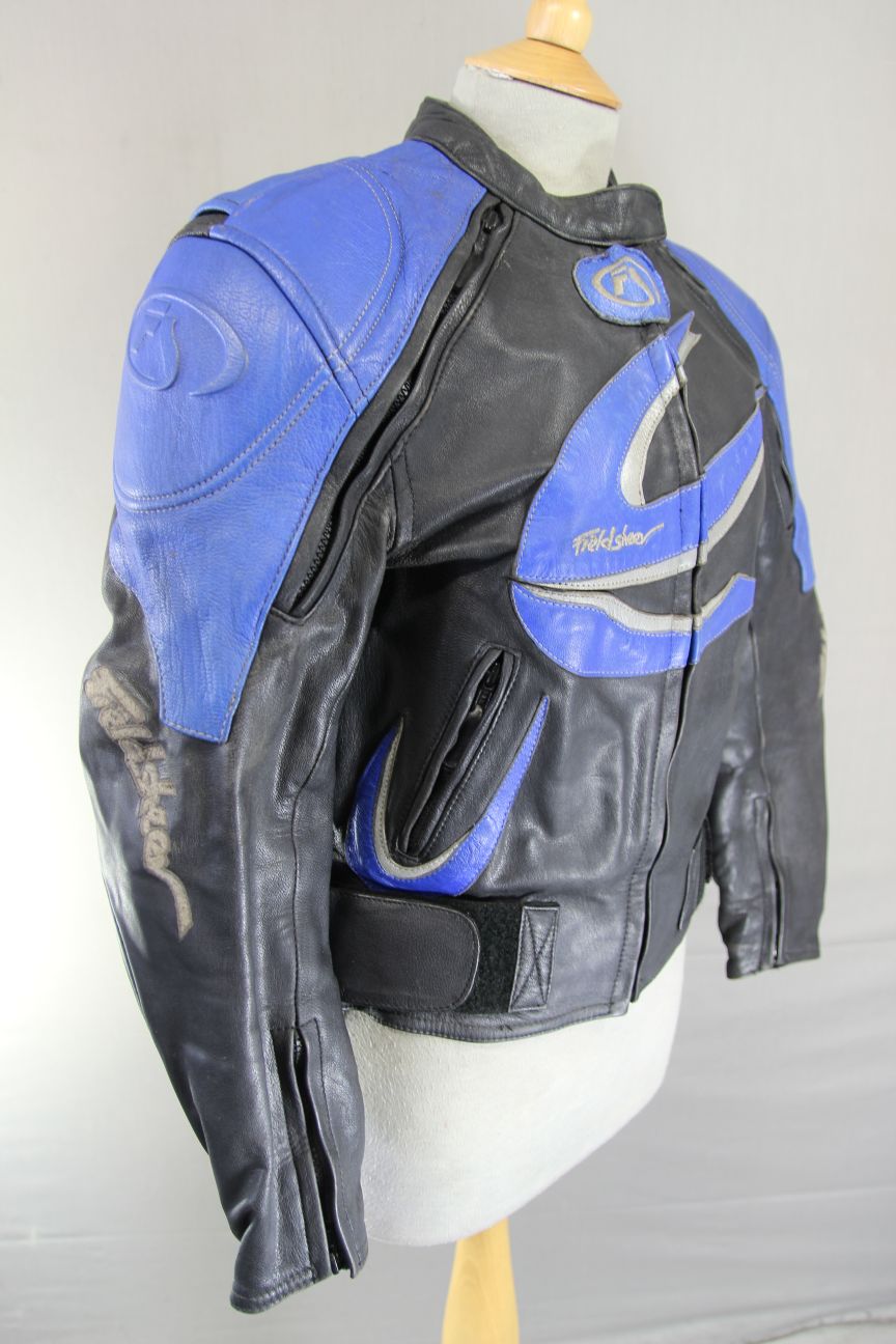 FIELDSHEER BLACK, BLUE & SILVER LEATHER BIKER JACKET WITH PROTECTORS: SIZE 10