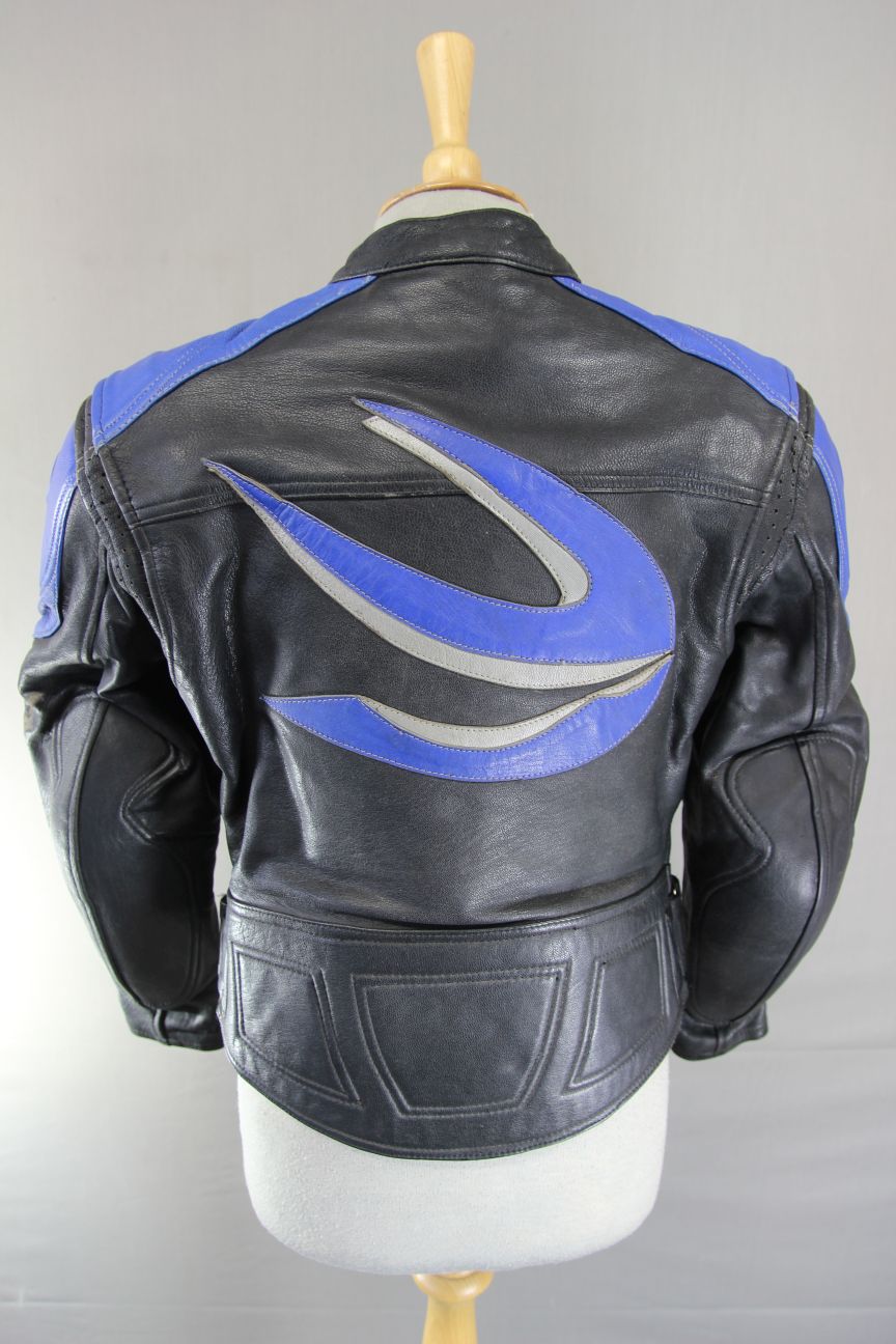 FIELDSHEER BLACK, BLUE & SILVER LEATHER BIKER JACKET WITH PROTECTORS: SIZE 10