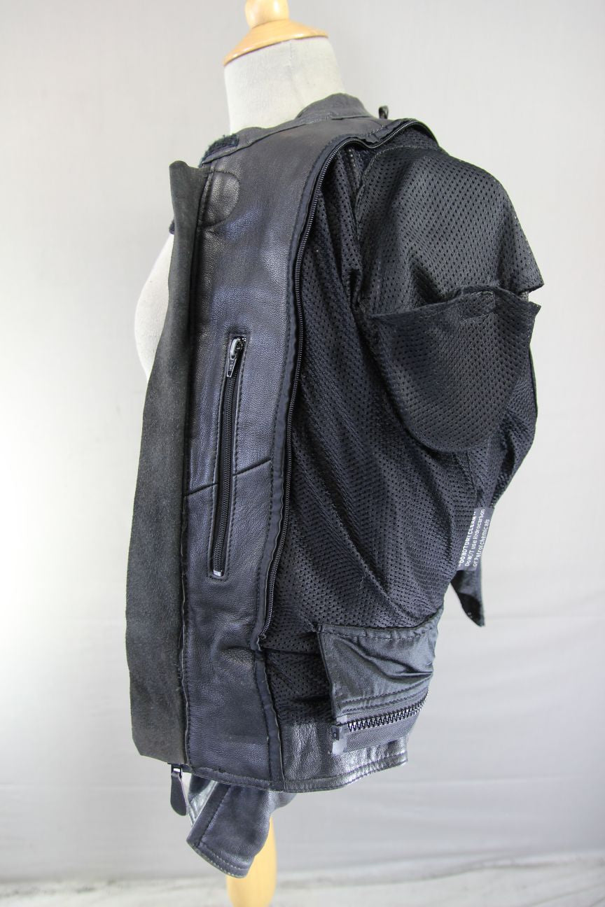 FIELDSHEER BLACK, BLUE & SILVER LEATHER BIKER JACKET WITH PROTECTORS: SIZE 10