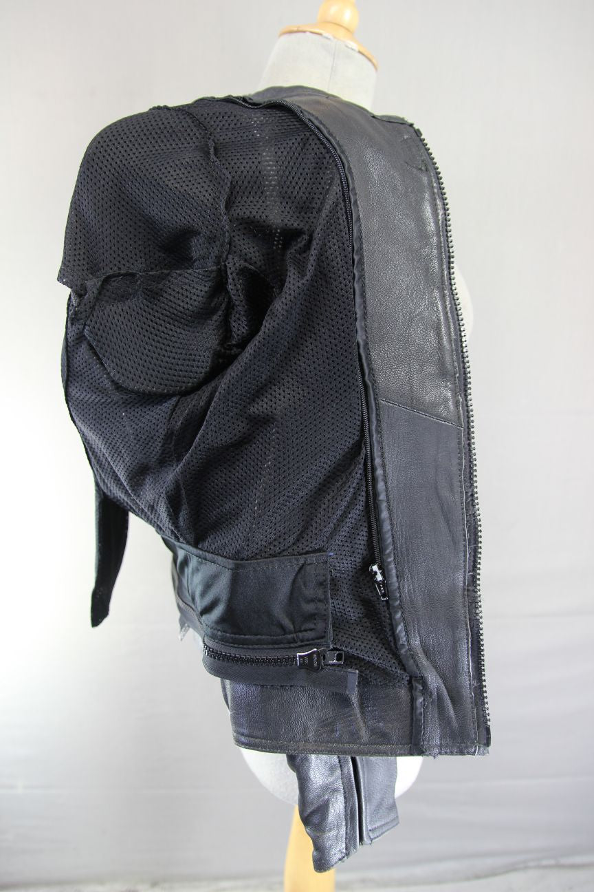 FIELDSHEER BLACK, BLUE & SILVER LEATHER BIKER JACKET WITH PROTECTORS: SIZE 10