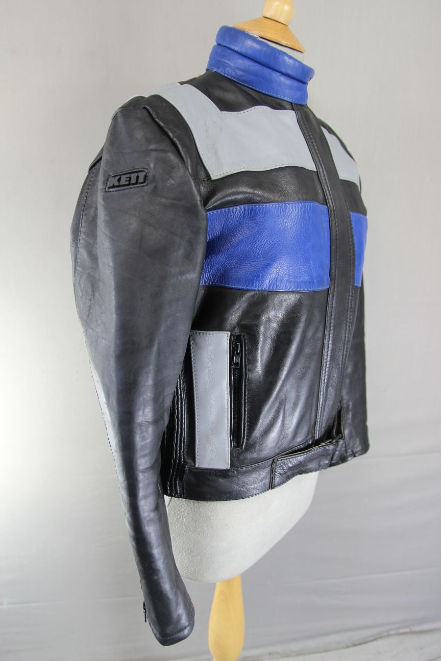 BLACK, BLUE & GREY KETT COWHIDE LEATHER BIKER JACKET: SIZE 14 36-38 INCH CHEST