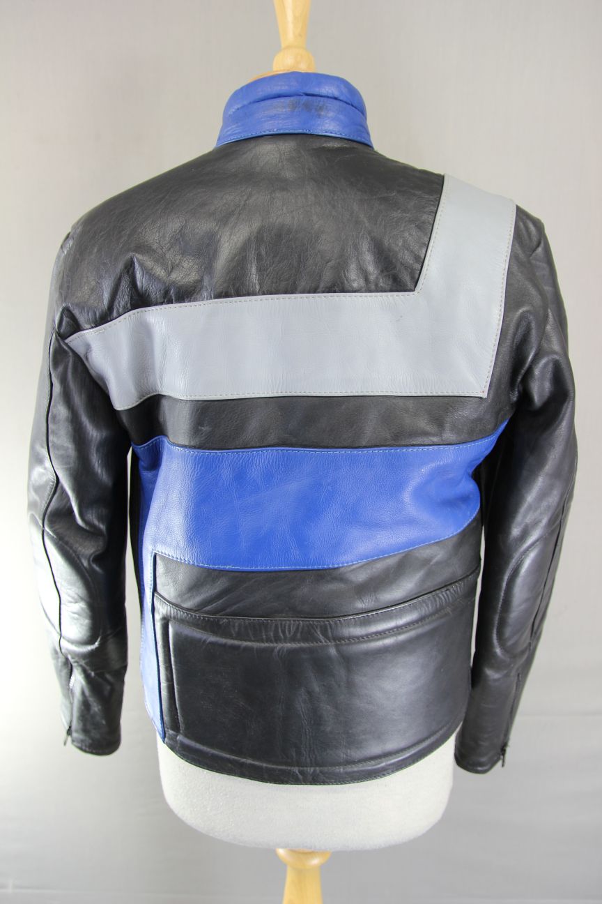 BLACK, BLUE & GREY KETT COWHIDE LEATHER BIKER JACKET: SIZE 14 36-38 INCH CHEST