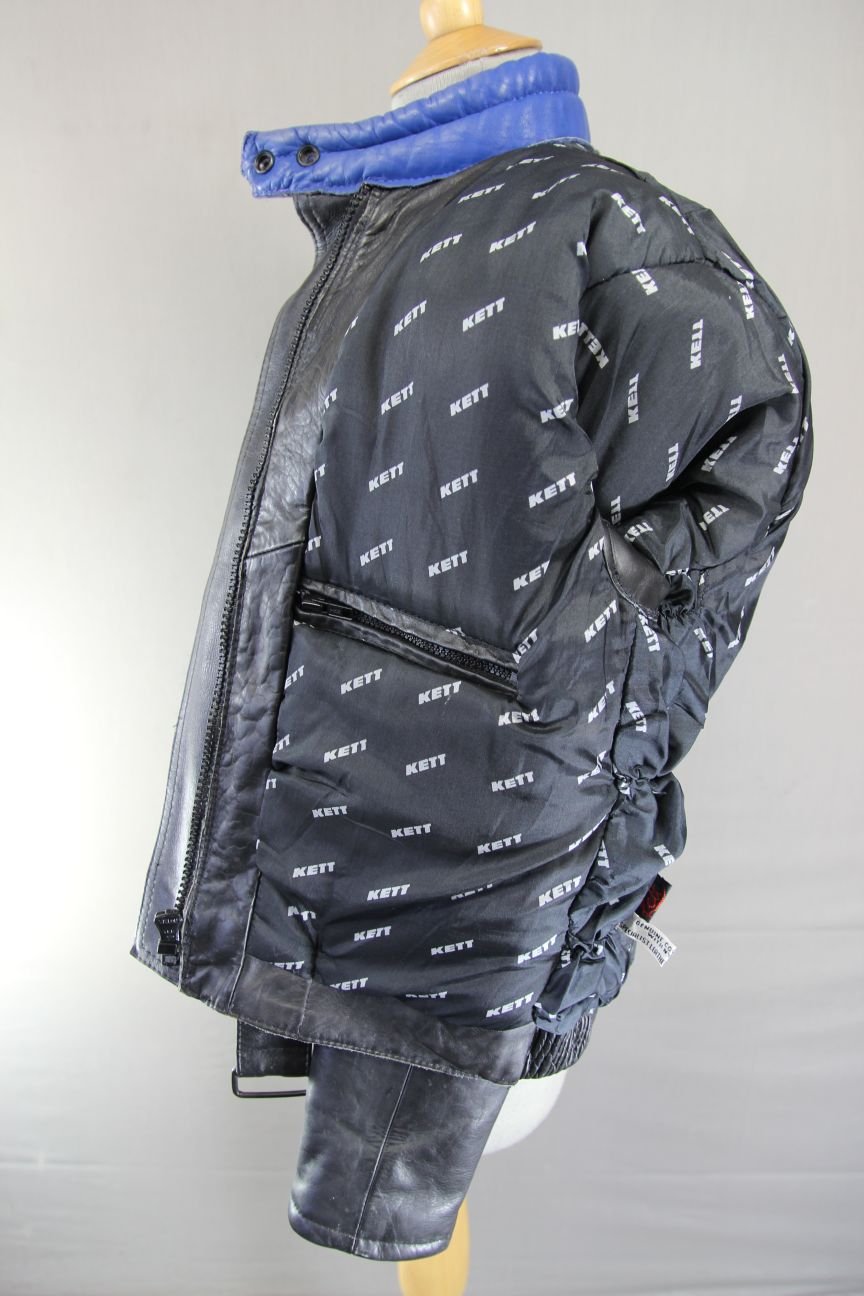 BLACK, BLUE & GREY KETT COWHIDE LEATHER BIKER JACKET: SIZE 14 36-38 INCH CHEST