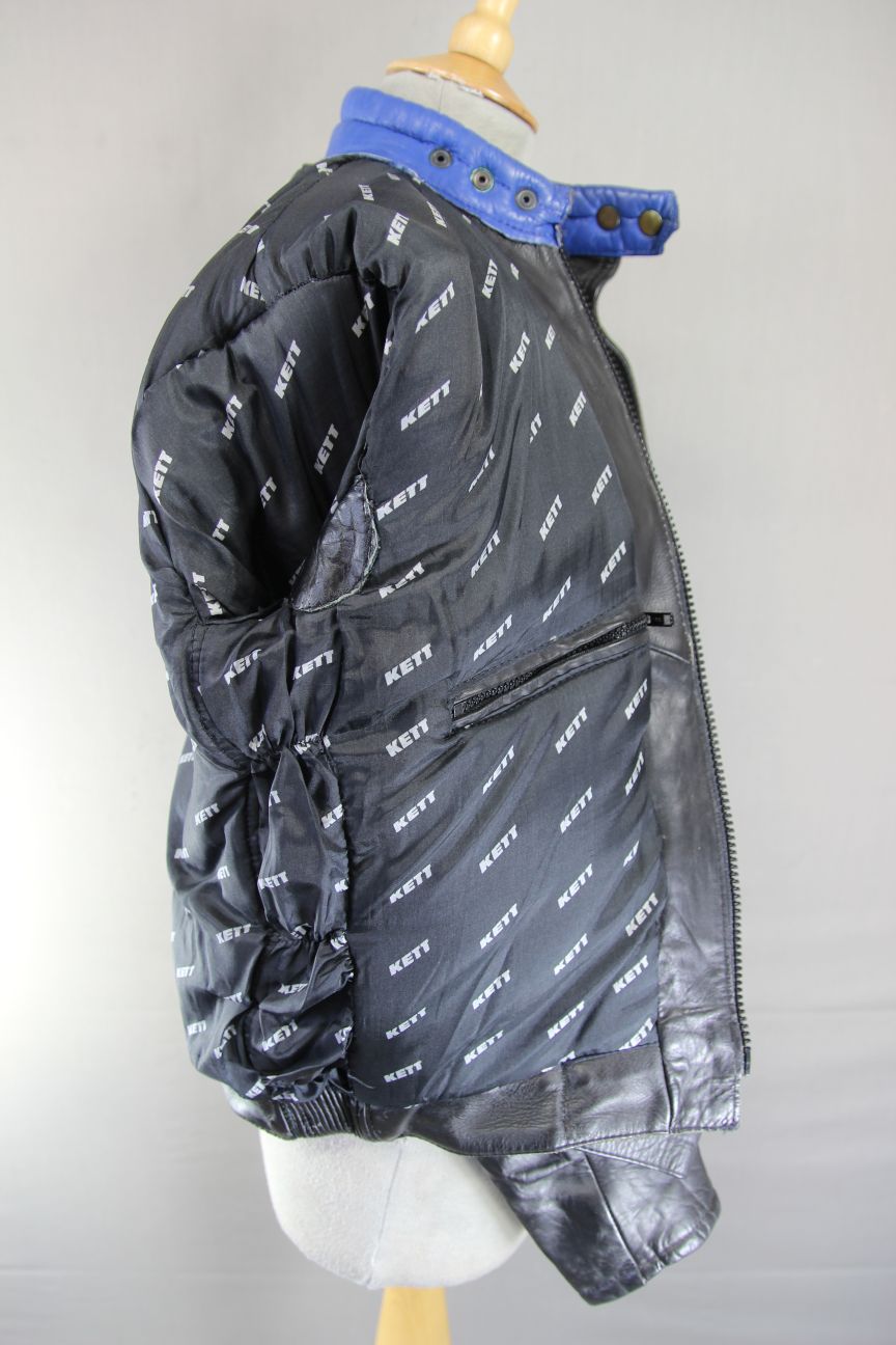 BLACK, BLUE & GREY KETT COWHIDE LEATHER BIKER JACKET: SIZE 14 36-38 INCH CHEST