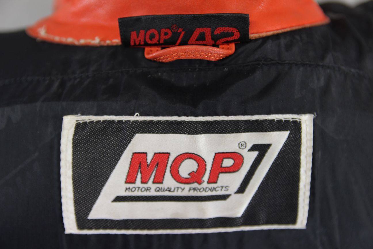 MQP SIGMA SILVER, RED & BLACK LEATHER BIKER JACKET WITH BACK PROTECTOR: SIZE 16