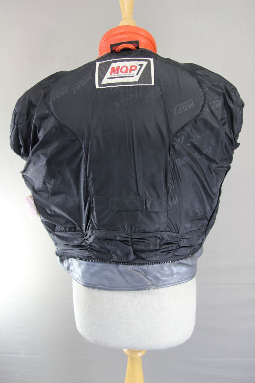 MQP SIGMA SILVER, RED & BLACK LEATHER BIKER JACKET WITH BACK PROTECTOR: SIZE 16