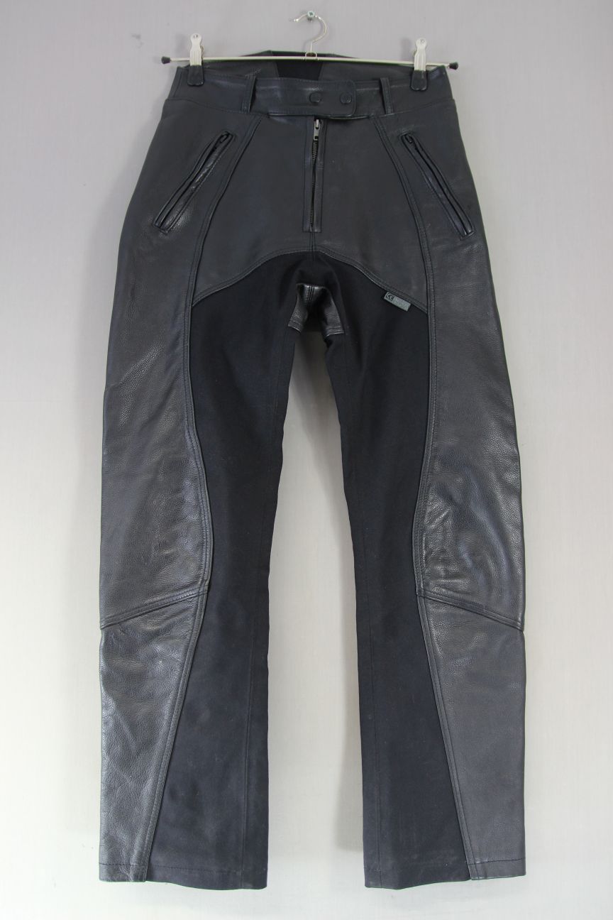 RICHA BLACK LEATHER BIKER TROUSERS: SIZE 12 (SHORT FIT) WAIST 28"/INSIDE LEG 30"