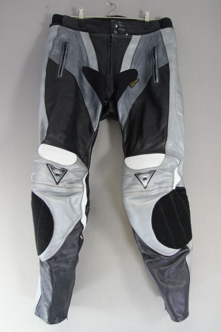 BUFFALO BLACK, SILVER & WHITE LEATHER BIKER TROUSERS + ARMOUR WAIST 32"/LEG 31"
