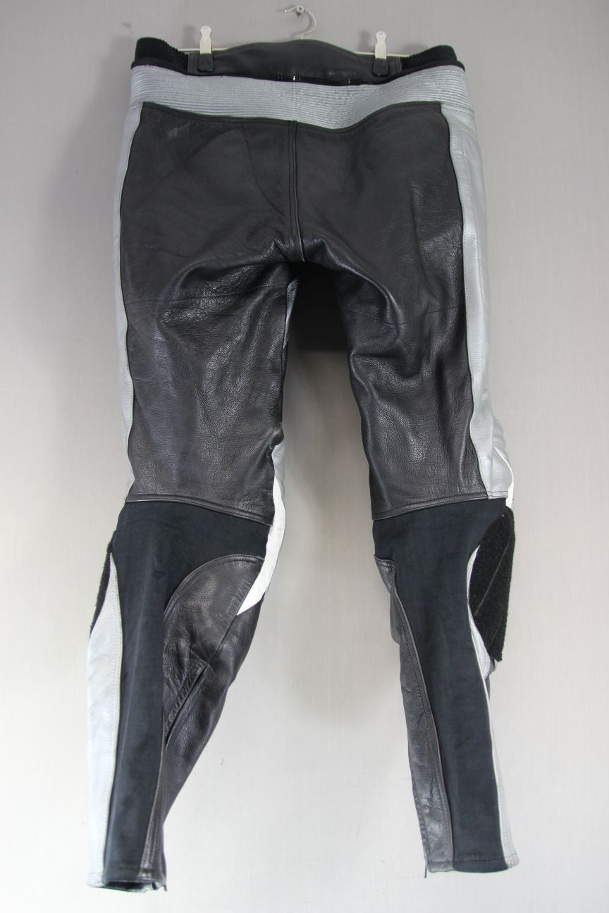 BUFFALO BLACK, SILVER & WHITE LEATHER BIKER TROUSERS + ARMOUR WAIST 32"/LEG 31"