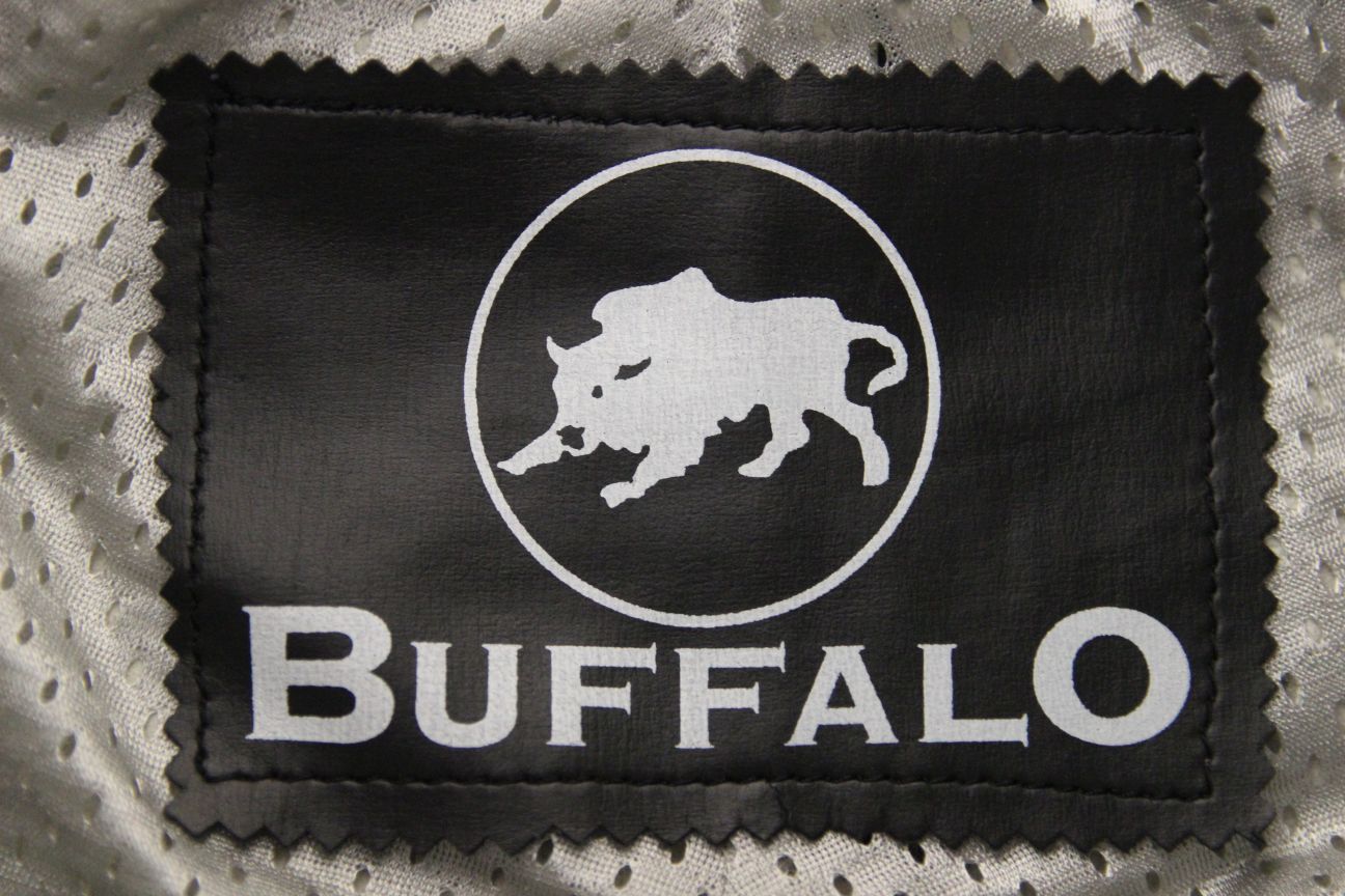 BUFFALO BLACK, SILVER & WHITE LEATHER BIKER TROUSERS + ARMOUR WAIST 32"/LEG 31"