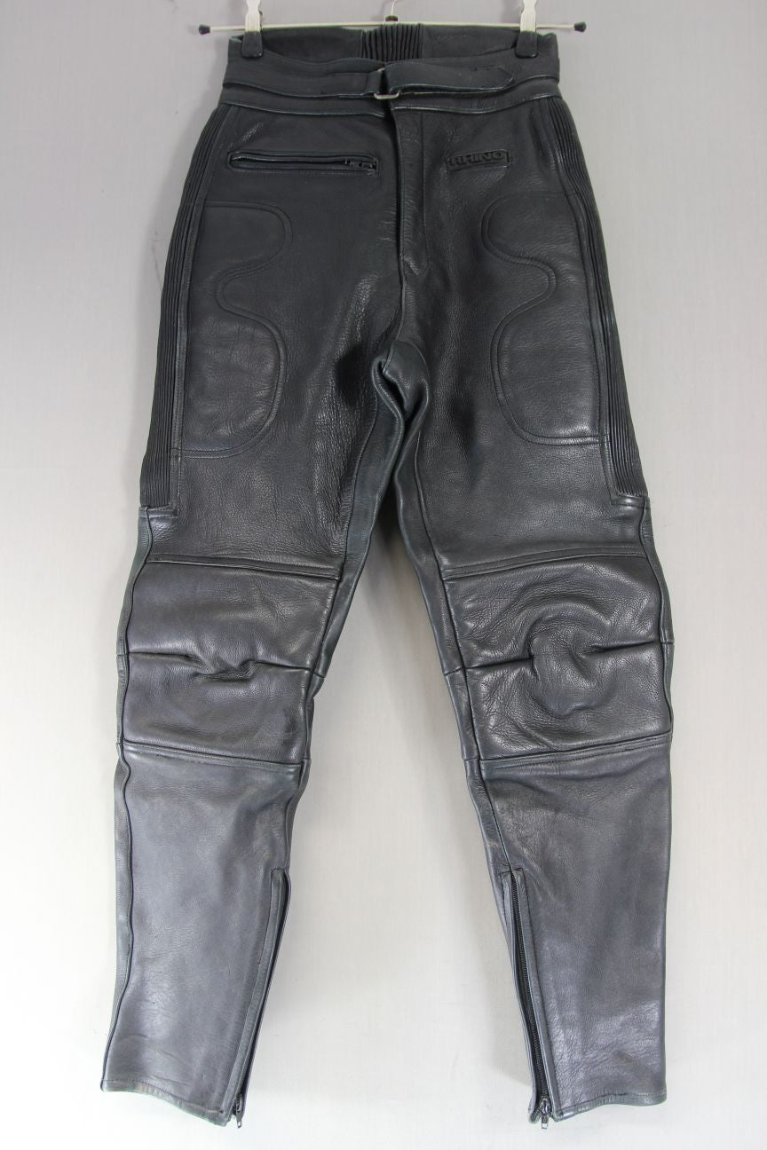 RHINO BLACK COWHIDE LEATHER BIKER TROUSERS: WAIST 28-30 INCH/INSIDE LEG 30 INCH