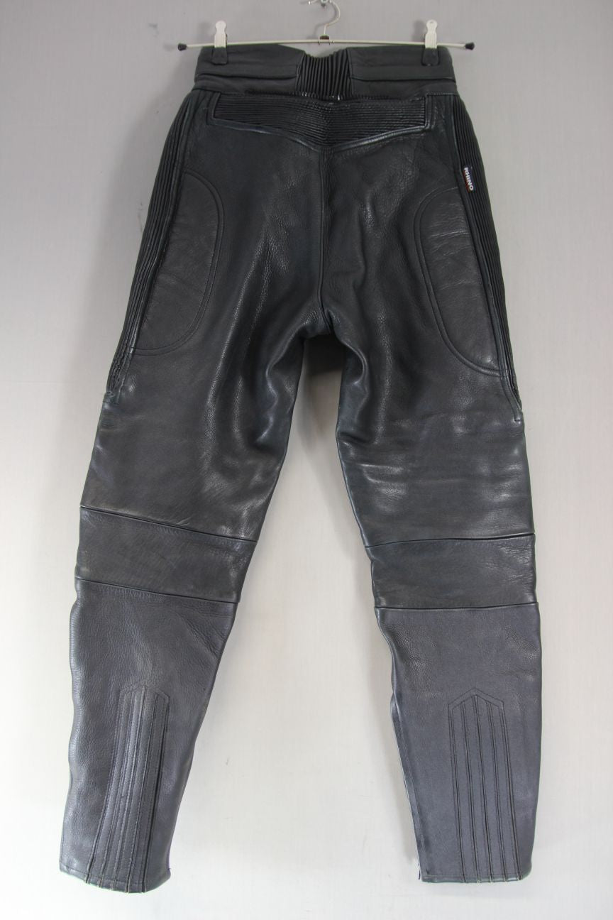 RHINO BLACK COWHIDE LEATHER BIKER TROUSERS: WAIST 28-30 INCH/INSIDE LEG 30 INCH