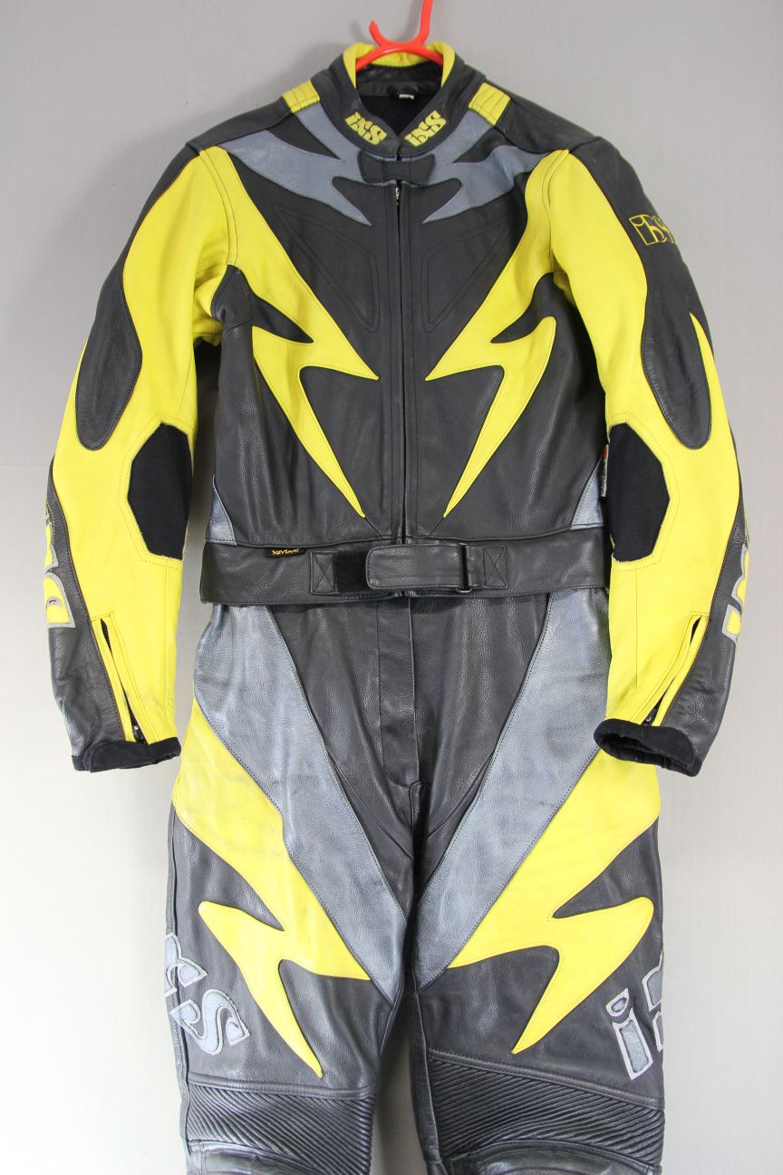 IXS LADIES 2 PIECE BLACK, YELLOW & SILVER LEATHER BIKER SUIT + CE ARMOUR SIZE 12