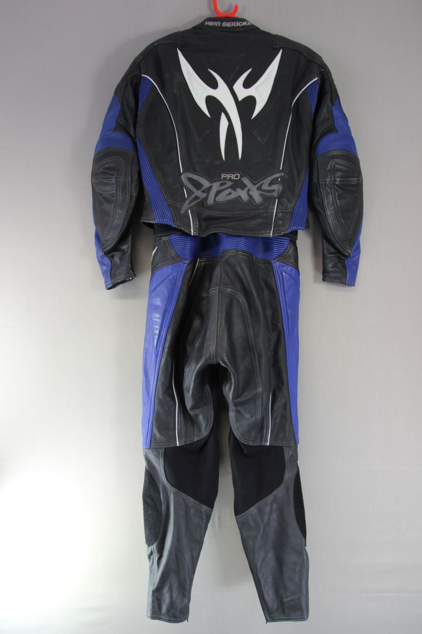 HEIN GERICKE 2 PIECE BLACK, BLUE & WHITE LEATHER BIKER SUIT + CE ARMOUR: SIZE 14