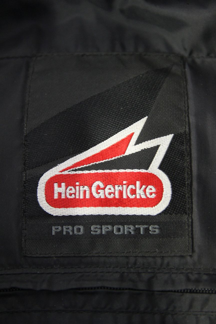 HEIN GERICKE 2 PIECE BLACK, BLUE & WHITE LEATHER BIKER SUIT + CE ARMOUR: SIZE 14