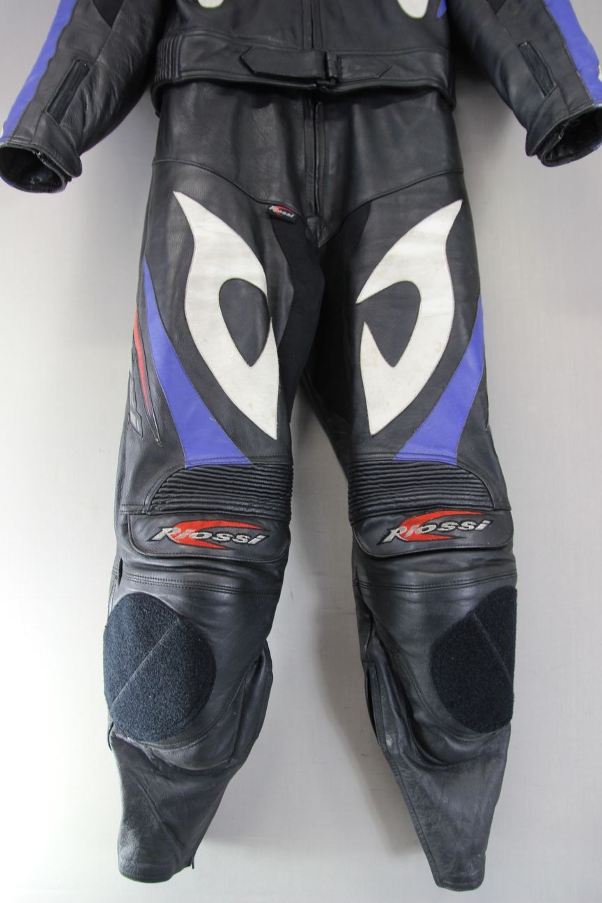 RIOSSI 2 PIECE BLACK, WHITE & BLUE LEATHER BIKER SUIT WITH CE ARMOUR: SIZE 14