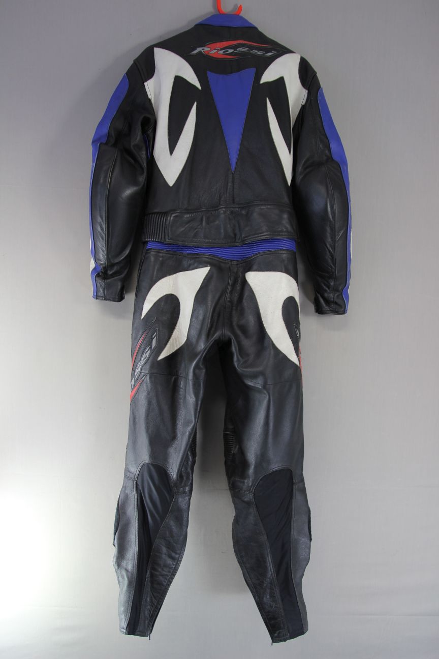 RIOSSI 2 PIECE BLACK, WHITE & BLUE LEATHER BIKER SUIT WITH CE ARMOUR: SIZE 14