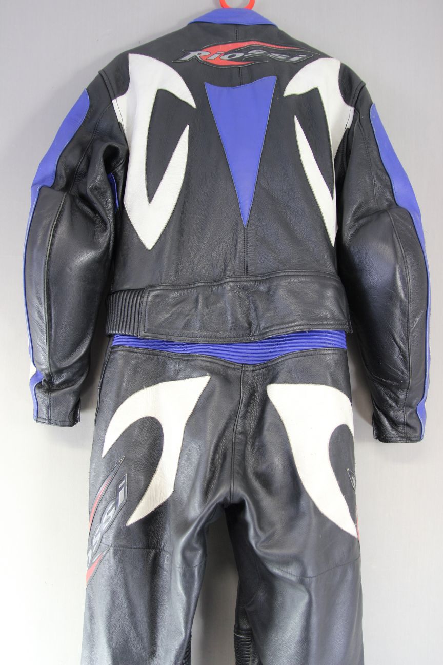 RIOSSI 2 PIECE BLACK, WHITE & BLUE LEATHER BIKER SUIT WITH CE ARMOUR: SIZE 14